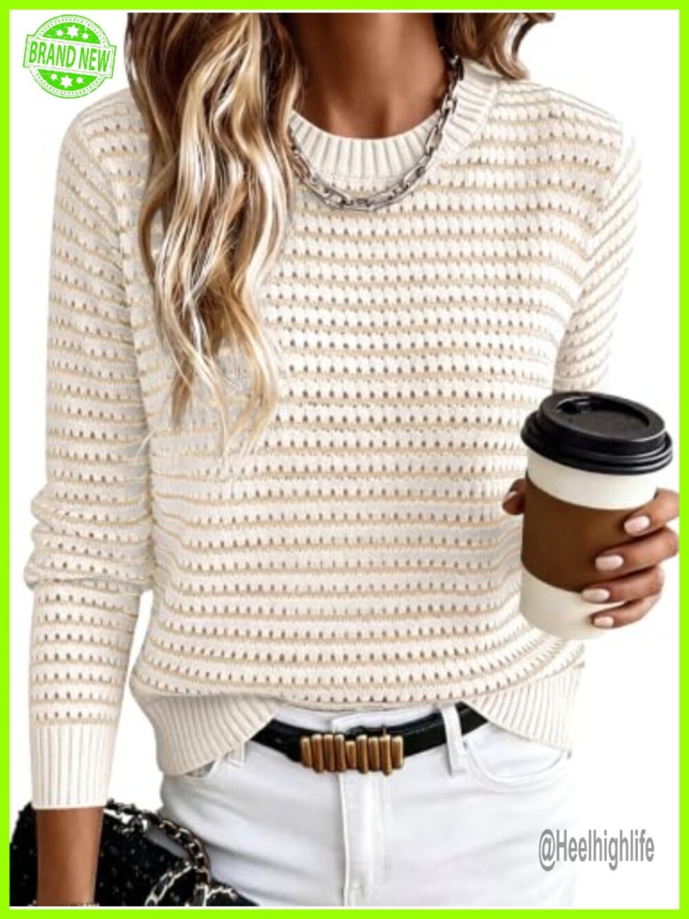 Women's Long Sleeve Striped Crochet Knit Sweater Crew Neck Pullover